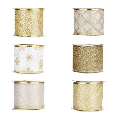 Afbeelding van BELLE VOUS Kerstlint (6 stuks) 5,5 m x 63 mm breed, bedraad gouden organza lint in diverse ontwerpen decoratieve kerstboomlinten voor kerstfeest, kerstboomversiering, strikken cadeaupapier
