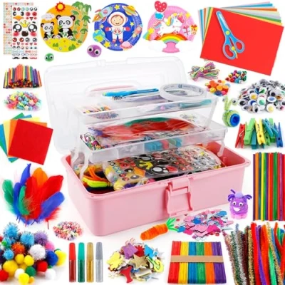 Afbeelding van URBZUE Knutselkoffer voor kinderen, 3000 stuks knutselsets kinderen vanaf 5, 6, 7, 8 jaar, om zelf te knutselen, taartbord, scrapbooking, knutselaccessoires, knutselmateriaal, set in knutseldoos,