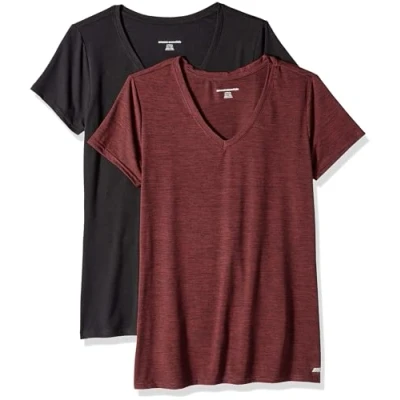 Afbeelding van Amazon Essentials Dames Tech Stretch T shirt met korte mouwen en V hals (verkrijgbaar in grote maten), 2 Pack, Bordeauxrood Ruimteverf/Zwart, S