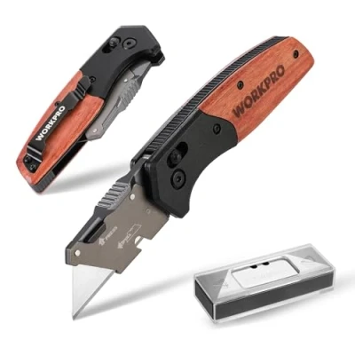Afbeelding van WORKPRO Universeel Vouwmes Klapmes Opvouwbaar Universeelmes Tapijtmes met Houten Handvat en Schuifslot Riemclip, Incl. 10 x Extra SK5 Mesbladen