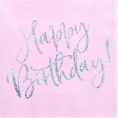 Afbeelding van Partydeco Servetten Happy Birthday Roze / Zilver (20 stuks)