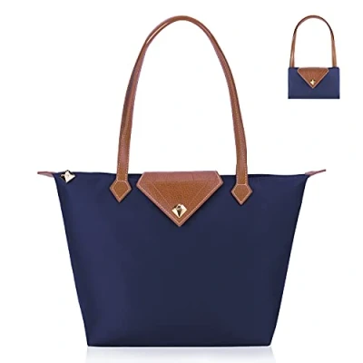 Afbeelding van BOJLY Stijlvolle waterdichte nylon schoudertas voor dames, handtas, opvouwbare strandreistas werk, winkelen, school, Blauw, Small