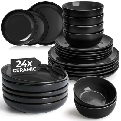 Afbeelding van MIAMIO 24 delig Servies voor 6 Personen/Steenwaren Inclusief Borden, Soepborden en Kommen Geschikt Magnetron &amp; Vaatwasser Le PaPillon Collectie (Zwart)