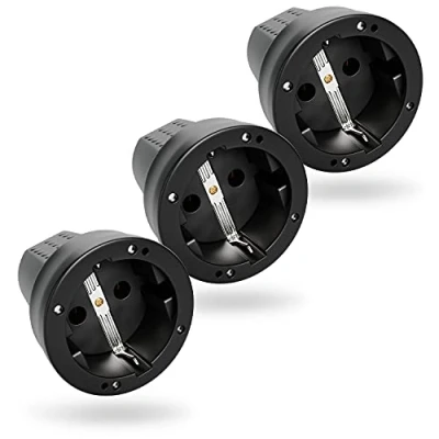 Afbeelding van ABSINA Geaard contact koppeling met knikbescherming 3x rubberen randkoppeling trekontlasting, 2 polig, 250V, 16A &amp; 3,7kW IP44 Schuko voor buiten Schukokoppeling