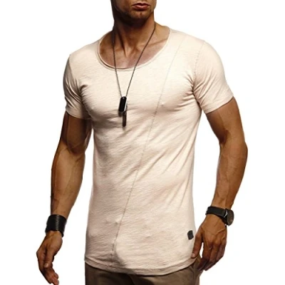 Afbeelding van Leif Nelson T shirt voor heren, zomer, ronde hals, 100% katoen, regular fit, kraag, casual basic heren met korte mouwen, beige, XXL