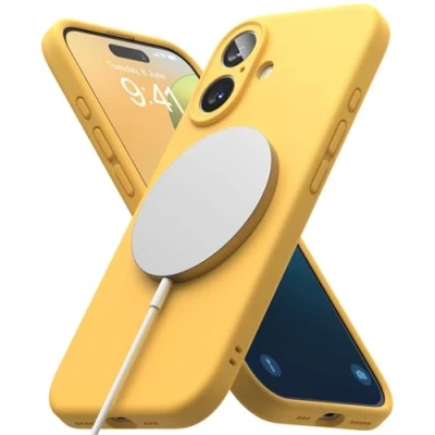 Afbeelding van Ringke Silicone Magnetic Compatibel met iPhone 16 Plus Case Cover Magnetisch Draadloos Schokabsorptie Flexibele Soft Feel Hoesje Yellow