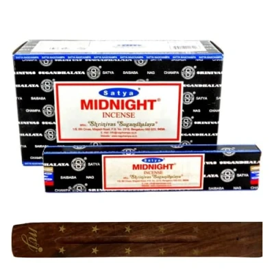 Afbeelding van Originele Satya Nag Champa Midnight wierookstokjes met M&amp;J wierookstokjeshouder Volledige doos voor aromatherapie, spa, yoga, bruiloften, meditatie, genezing, positiviteit en ontspanning