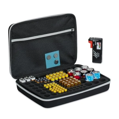 Afbeelding van Relaxdays batterij organizer met batterijtester zwarte batterijbox voor 134 batterijen