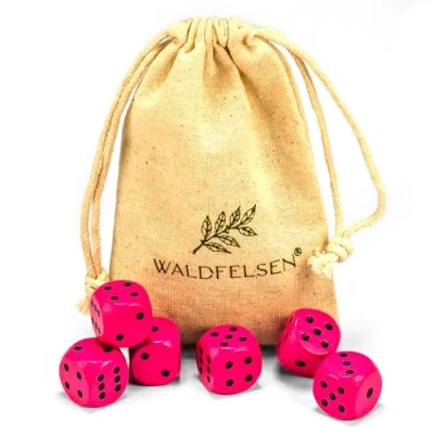 Afbeelding van Waldfelsen 6, 12, 20, 30 of 50 hoogwaardige houten kubussen van echt beukenhout, 16 mm standaard dobbelstenen met stoffen zak, kubusset (roze, 6 stuks)