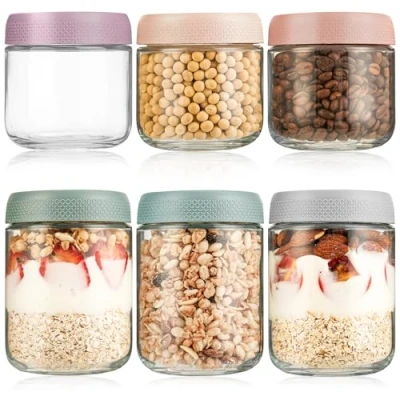 Afbeelding van Set van 6 nachtelijke haverpotten, inmaakpotten met schroefdeksel voor haver, salade, yoghurt, pudding, chutney, jam, kleine potten deksel als mason jar maaltijdbereidingsdozen