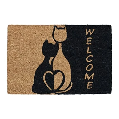 Afbeelding van Relaxdays deurmat kokos, 60 x 40 cm, met katten en tekst &#039;Welcome&#039;, antislip, voor binnen buiten, kokosmat, natuur/zwart