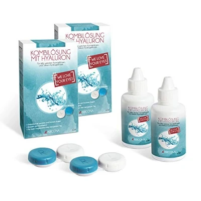 Afbeelding van aricona contactlensvloeistof 2 x 60 ml lenzenvloeistof met hyaluron alles in één contactlensverzorgingsproducten, set inclusief containers