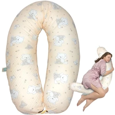 Afbeelding van sei Design XXL borstvoedingskussen, mousseline overtrek, ergonomisch, 190 x 30, zwangerschapskussen, zijslaapkussen, comfortkussen voor volwassenen, pasgeborenen, babykussen, overtrek