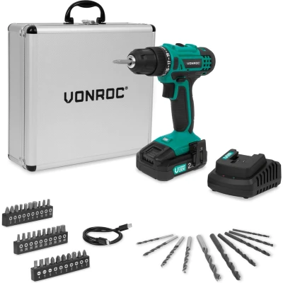 Afbeelding van VONROC Accuboormachine 20V 19 schroefstanden + boorstand Incl. 2.0Ah accu, snellader en 46 accessoires in luxe koffer
