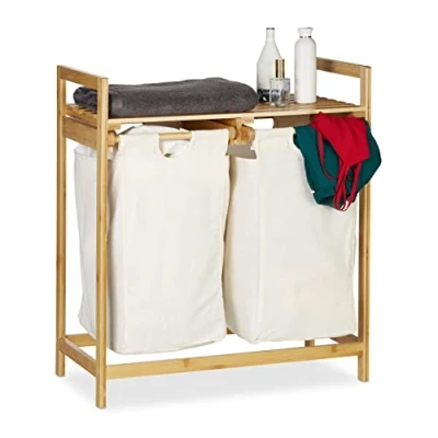 Afbeelding van Relaxdays wasmand bamboe wasbox wassorteerder 2 vakken met plank voor wasgoed