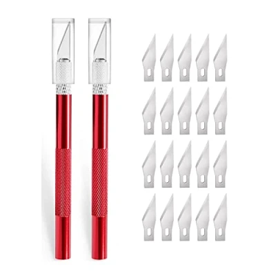 Afbeelding van 2 stuks cutter voor doe het zelf kunst werk snijden, scalpel met 20 reservemesjes, knutselmes, cuttermes, hobbymes, snijmes, caving, sculptuur, raamfolie, lakbeschermingsfolie (rood)