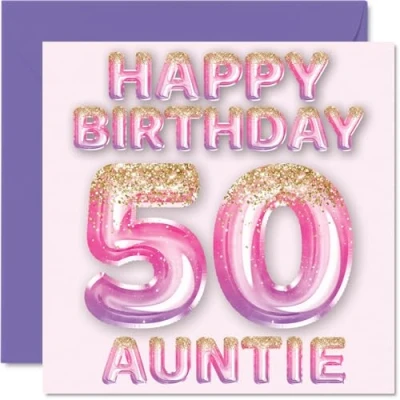 Afbeelding van 50e verjaardagskaart voor tante roze en paarse glitterballonnen gelukkige verjaardagskaarten 50 jarige van neef nichtje, 145 mm x cadeau