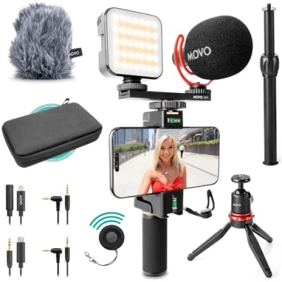 Afbeelding van Movo iVlogger PRO Vlogging Kit voor iPhone/Android YouTube Starter Content Creators Accessoires: Telefoonstatief, Telefoonhouder, RGB Light en VXR10 Shotgun Mic