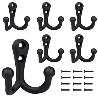Afbeelding van BIGLUFU Kapstokhaken, zware dubbele pen, wandmontage met 12 schroeven, retro badjashaken, utilityhaken voor jas, sjaal, tas, handdoek, sleutel, pet, beker, hoed (zwart) (6 stuks)