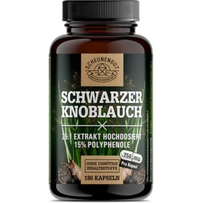 Afbeelding van Schwarzer Knoblauch Kapseln 1500mg je Tagesdosis WICHTIG: 15:1 Extrakt (= 22.500mg Dosis) +15% Polyphenole &amp; S Allylcystein I 180 Stück Fermentiert aus DE SCHEUNENGUT®