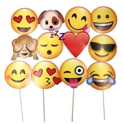 Afbeelding van JZK Set 12 x Emoji feest photo booth fotohokje rekwisieten papier masker met stok voor verjaardagsfeest bruiloft afstuderen decoraties feestbenodigdheden