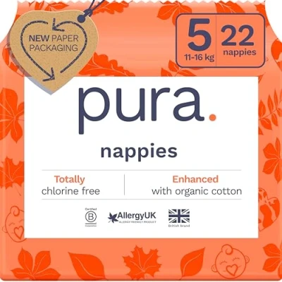 Afbeelding van Pura Eco babyluiers maat 5 (11 16 kg/24 35 lbs), 1 pak (22 luiers), ultrazachte luiers voor de gevoelige huid, biologisch katoen, tot 12 uur lekbescherming, EU EcoLabel geaccrediteerd