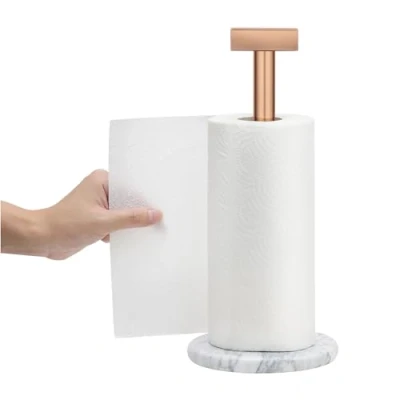 Afbeelding van Navaris marmeren Keukenrolhouder staand Antislip onderkant Voor in de keuken Staal Rosé goud en zwart wit marmer