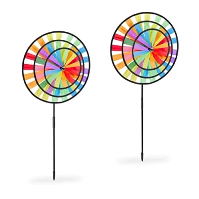 Afbeelding van Relaxdays windmolen, set van 2, plastic, kinderen, tuinsteker voor tuin &amp; balkon, H x B D 72 35 15 cm, regenboog