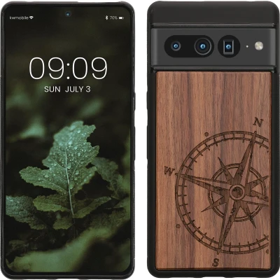 Afbeelding van kwmobile telefoonhoesje geschikt voorGoogle Pixel 7 Pro Hoesje met bumper walnoothout In donkerbruin Vintage Kompas design