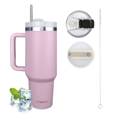 Afbeelding van STARLA Thermobeker 1,2 l met handvat en rietje, 2 deksels, lekvrij, dubbelwandige roestvrijstalen vacuüm geïsoleerde beker, koffiebeker, to go, autobeker, reisbeker voor warm koud (lichtpaars)