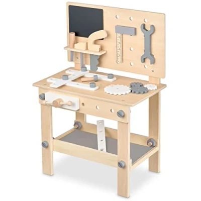 Afbeelding van WERKBENCH KINDEREN HOUT, werkplaats met kindergereedschap, zaag, hoek, schroevendraaier, tandwielen, bankschroef, plank, accessoires, houten speelgoed voor 3 jaar en ouder