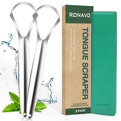 Afbeelding van Tongschraper (2 stuks), genezen slechte adem (medische kwaliteit), roestvrijstalen tongreinigers, 100% BPA vrije metalen tongschrapers frisser in seconden.door RONAVO…