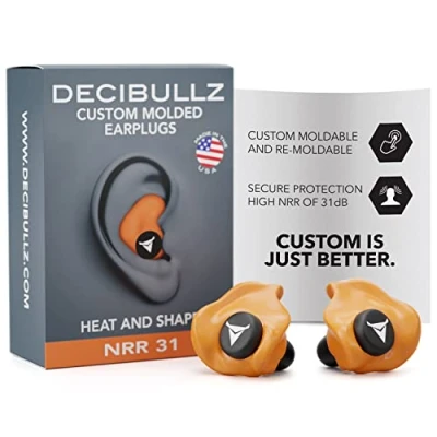 Afbeelding van Decibullz Custom Molded Earplugs, Comfortabele Gehoorbescherming, 31dB Demping Slaap, Concert, Werk, Sport 3 maten van oordopjes, opbergetui made in USA Oranje