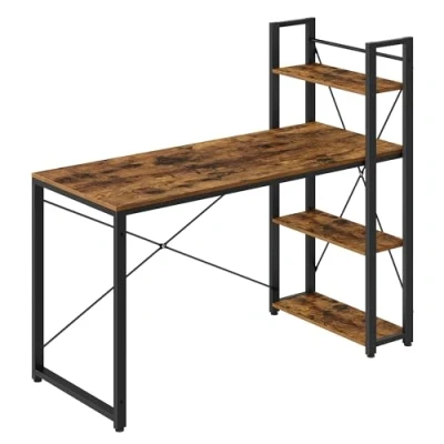 Afbeelding van VASAGLE bureau, computerbureau met planken rechts of links, 137,2 cm brede kantoortafel, voor studeerkamer, thuiskantoor, eenvoudige montage, vintage bruinzwart LWD049B01