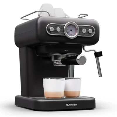 Afbeelding van Klarstein Espresso Portafilter Machine met Melkopschuimer 1 2 L Retro Mini 950 W Klein Koffiezetapparaat Roestvrij Staal voor Cappuccino Zwart