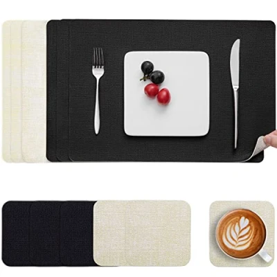 Afbeelding van Myir JUN Lederen Placemat en Onderzetters, Tafelmatten Waterdichte Afveegbare Dubbelzijdige Plaats Matten Koffiematten Antislip Wasbare Placemats Coaster (Zwart Wit, Sets 6)