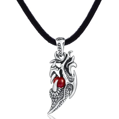 Afbeelding van DonDon heren leren ketting leer halsketting 50 cm met roestvrij stalen hanger draak tand rode bol