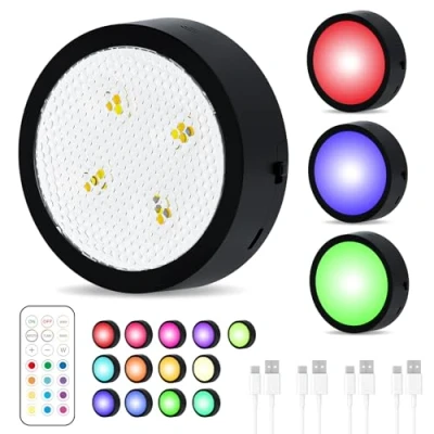 Afbeelding van Oplaadbare kastverlichting, onderbouwlamp voor keuken, dimbare ledspots, batterij met afstandsbediening, draadloze vitrineverlichting timer, 16 kleuren, indirecte verlichting, nachtlampje (4 stuks