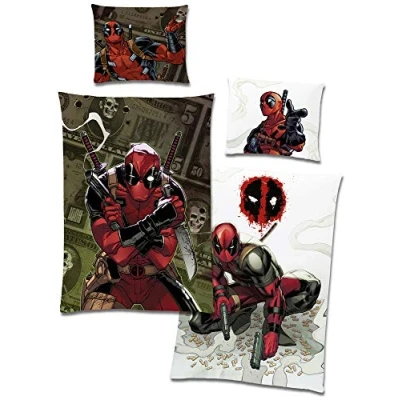 Afbeelding van BERONAGE Deadpool omkeerbaar beddengoed, wit/groen, 135 x 200 cm + 80 cm, 100% katoen, renforcé Linon kwaliteit met YKK ritssluiting, anti held masker, Marvel Comic, kinderbeddengoed, Duitse maat