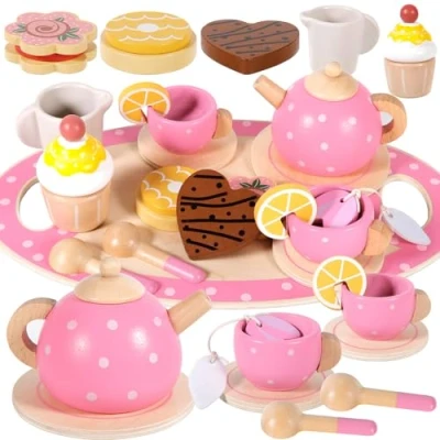 Afbeelding van ZHHGOO houten theeserviezen, Montessori speelgoedtheeservies, kindereetset, kookspelaccessoire, fantasiespel keukenspeelgoed voor kinderen meisjes 3 4 5 6 7 jaar oud, roze