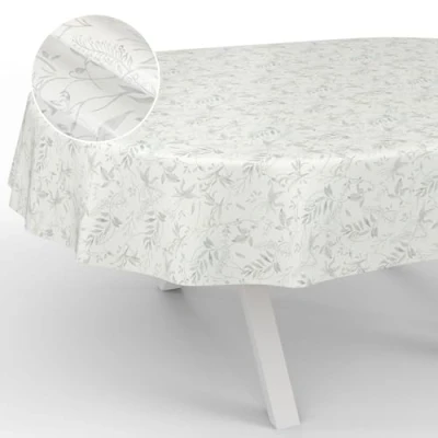 Afbeelding van ANRO Afwasbaar tafelzeil, tuintafelkleed, voor binnen en buiten, ovaal, 180 x 140 cm, met snijrand, bladeren, grijs