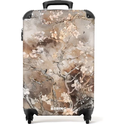 Afbeelding van NoBoringSuitcases.com® Handbagage koffer lichtgewicht Reiskoffer trolley Amandelbloesem beige Rolkoffer met wieltjes Past binnen 55x40x20 en 55x35x25
