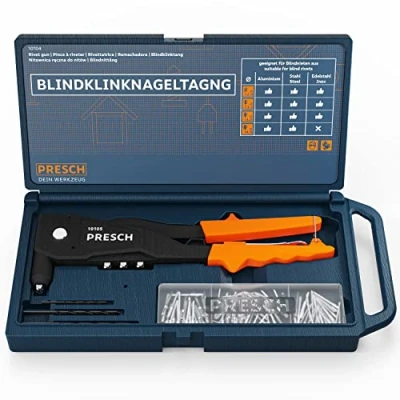 Afbeelding van Presch Blindklinknageltang set 79 delig. de koffer Bevat 75 blindklinknagels, bijpassende HSS boren en montagesleutels met klinknagelmeter All in one klinknageltang