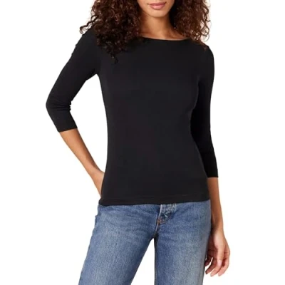 Afbeelding van Amazon Essentials Women&#039;s T shirt met driekwartmouwen, stevige boothals en slanke pasvorm, Zwart, XL