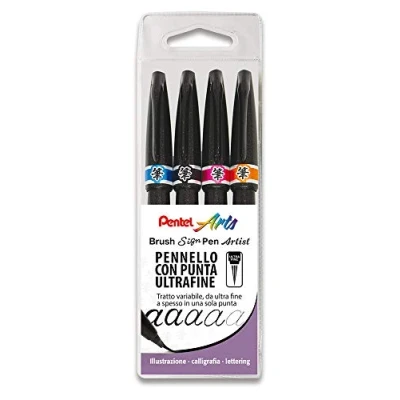 Afbeelding van Pentel SESF30C Penseelstift, penseelpunt, extra fijne tas, 4 stuks (zwart) Assortiti 1