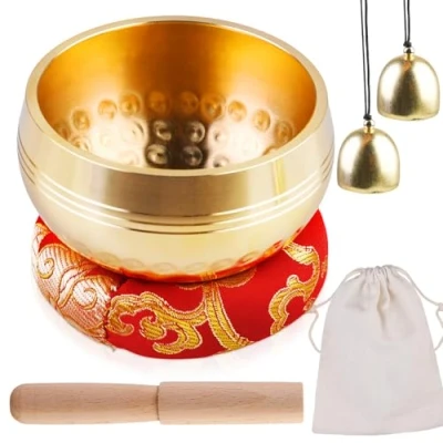 Afbeelding van Tibetaanse klankschalenset handgemaakte genezing meditatie yoga klankkom zingkom uit Nepal met houten klepel, klankschaalkussen, messing bel voor vrouwen en mannen, 8 cm