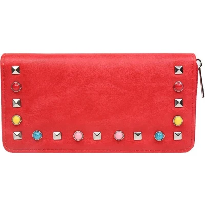 Afbeelding van Deze Funky portemonnee wil je gewoon hebben! Een ruime van zacht kunstleer die wordt afgesloten met zilverkleurige rits. Op de voorkant zijn stoere studs aangebracht in verschillende kleuren en vormen. Voor uzelf of Bestel Kado