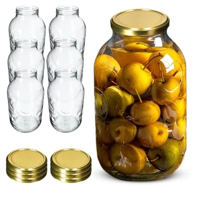 Afbeelding van KADAX Weckpotten, 5 liter, inmaakpotten voor schroefdeksel, jampot, voorraadpot, conservenglas, ronde potten (goud, 6 stuks)