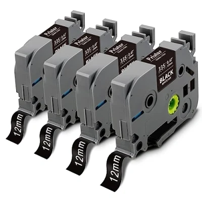 Afbeelding van Pristar Compatibele Labeltape voor Brother TZe 335 TZe335 TZ335 Wit op Zwart 12mm x 8m PT H105 H107 H101C H100LB H100R P300BT D200BW D200VP, 4 Pack