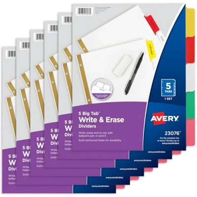 Afbeelding van Avery 5 Tab Binder Dividers, schrijven en wissen veelkleurige grote tabbladen, 6 sets (23076)